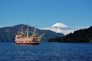芦ノ湖の海賊船と富士山